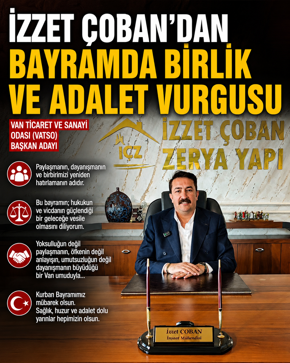 İzzet Çoban’dan Bayramda Birlik ve Adalet Vurgusu