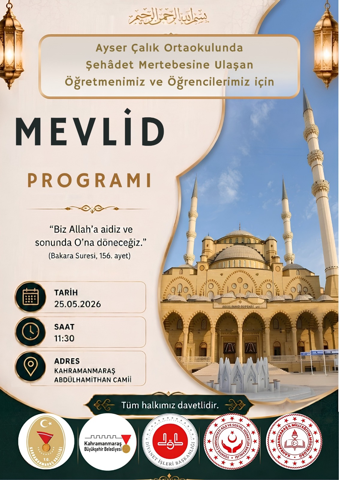 Ayser Çalık Ortaokulu Şehitleri İçin Mevlid Programı Düzenleniyor