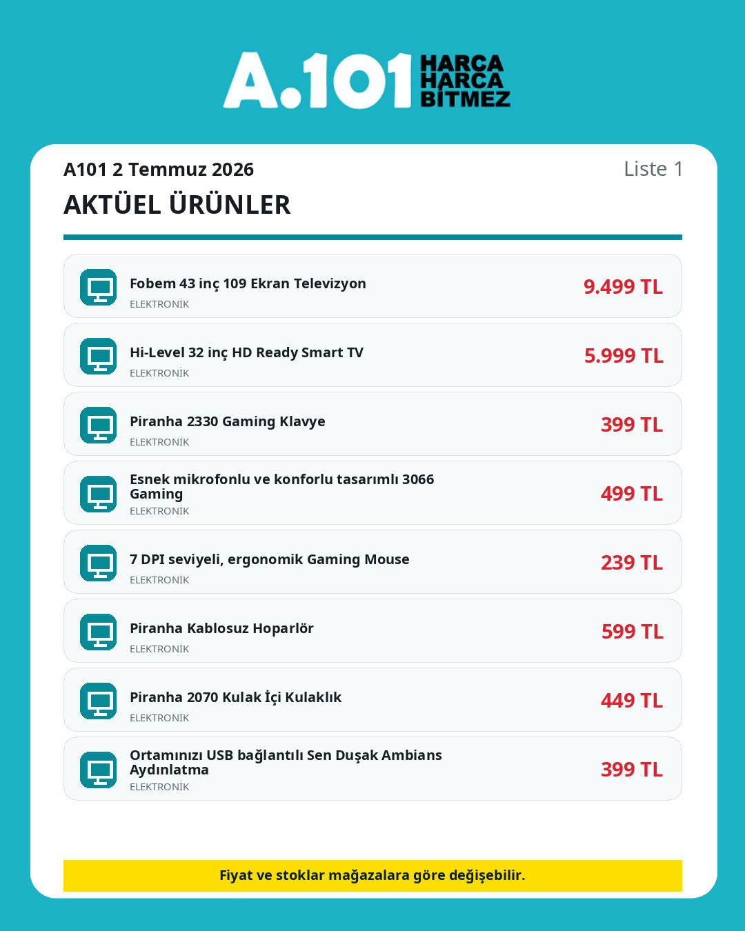 A101 2 Temmuz 2026 aktüel ürünler kataloğu ürün listesi 1