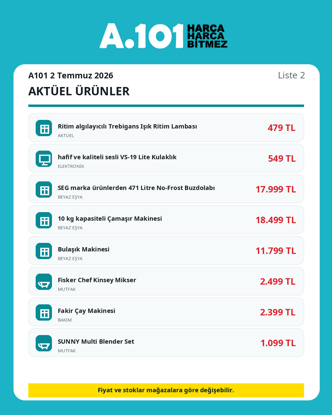 A101 2 Temmuz 2026 aktüel ürünler kataloğu ürün listesi 2