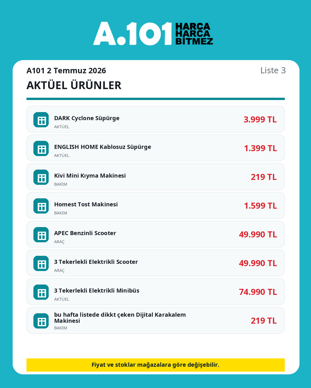 A101 2 Temmuz 2026 aktüel ürünler kataloğu ürün listesi 3