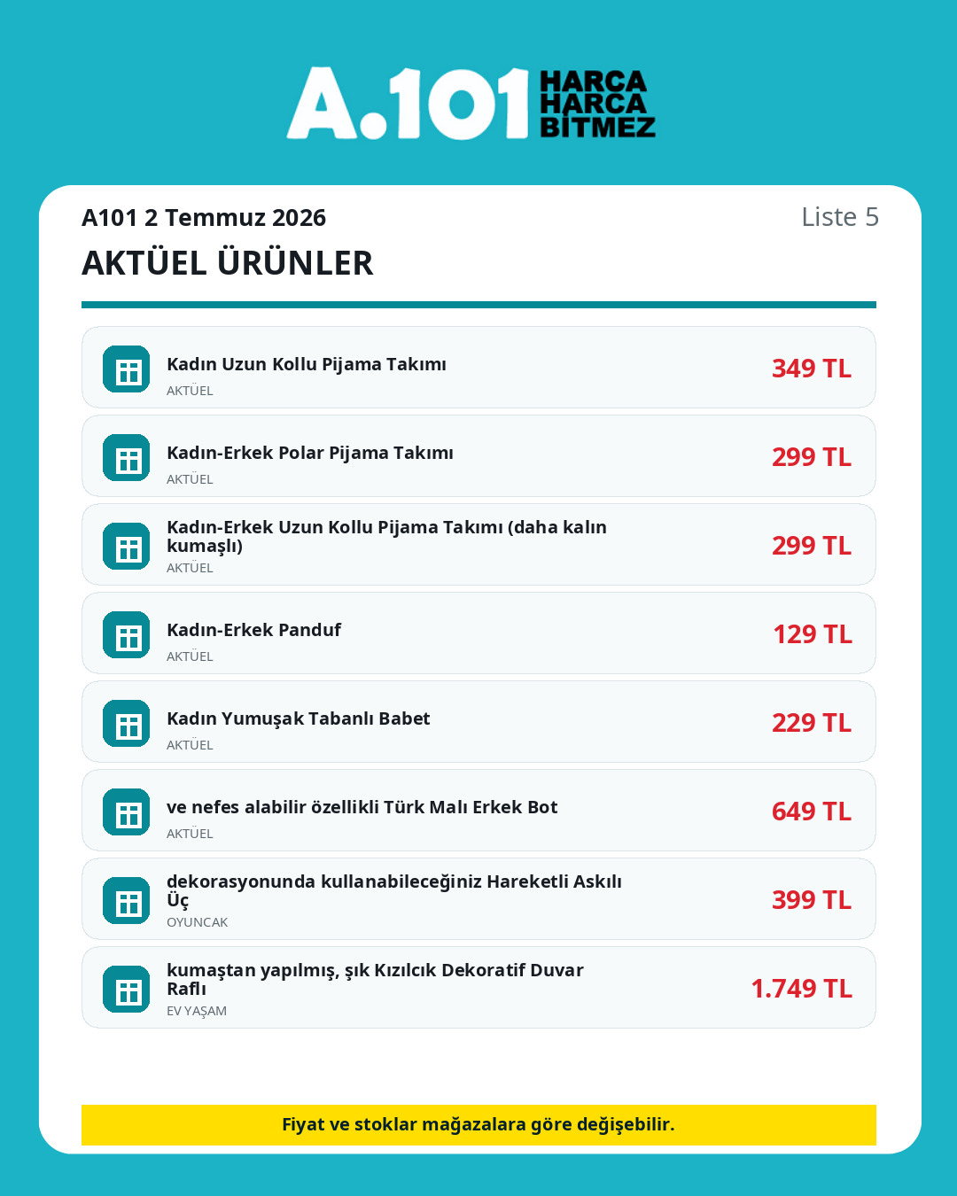 A101 2 Temmuz 2026 aktüel ürünler kataloğu ürün listesi 5