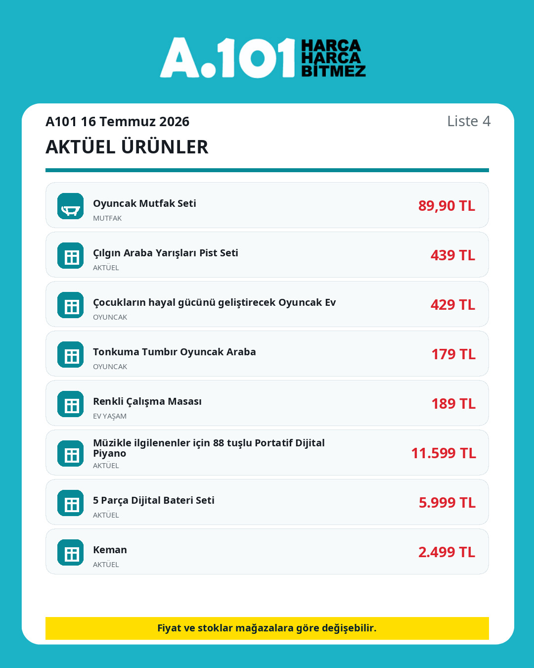 A101 16 Temmuz 2026 aktüel ürünler kataloğu ürün listesi 4